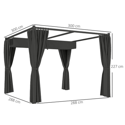 3 x 3(m) Pergola with Retractable Roof and Curtains, Charcoal Grey