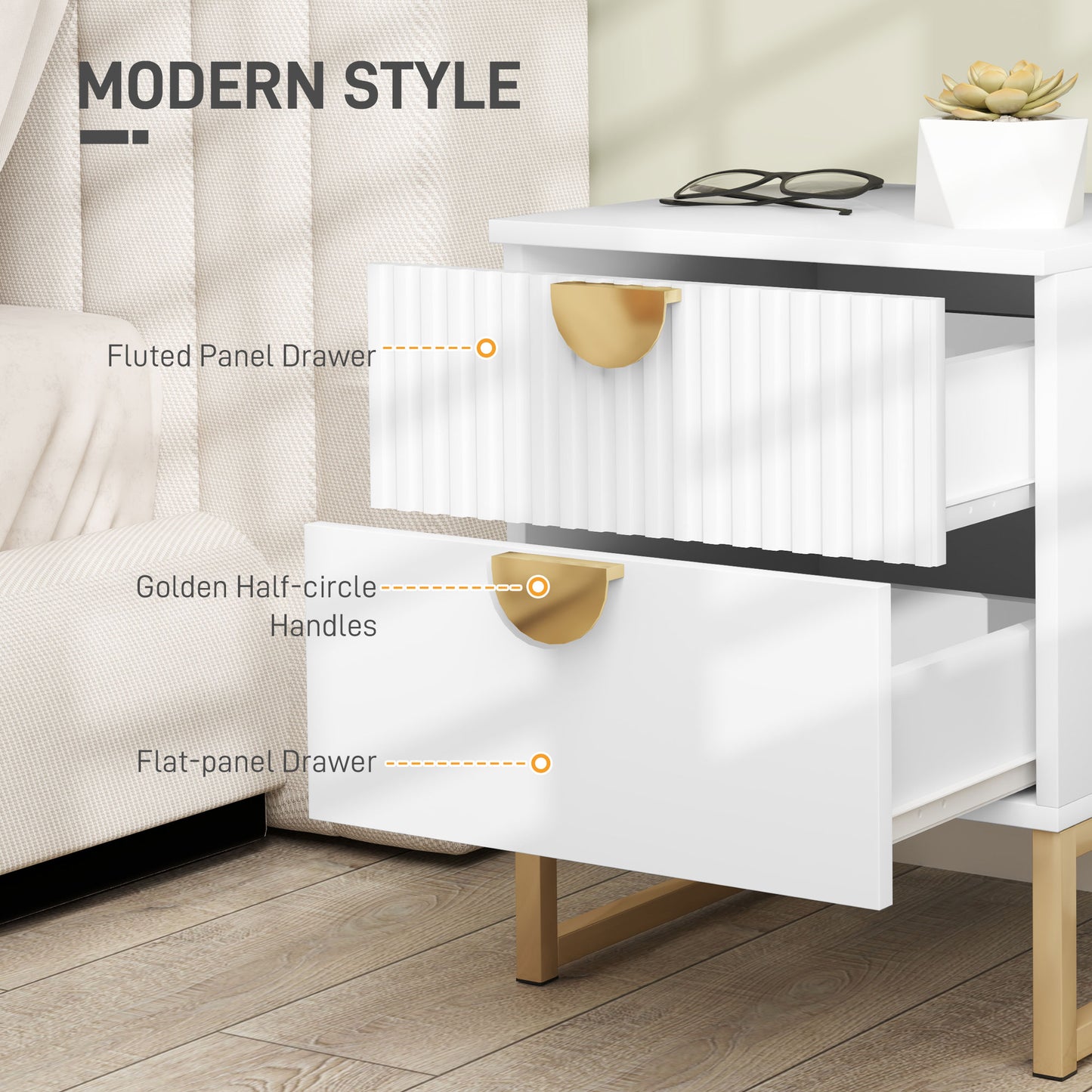 Bedside Table with 2 Drawers for Bedroom, Living Room, White
