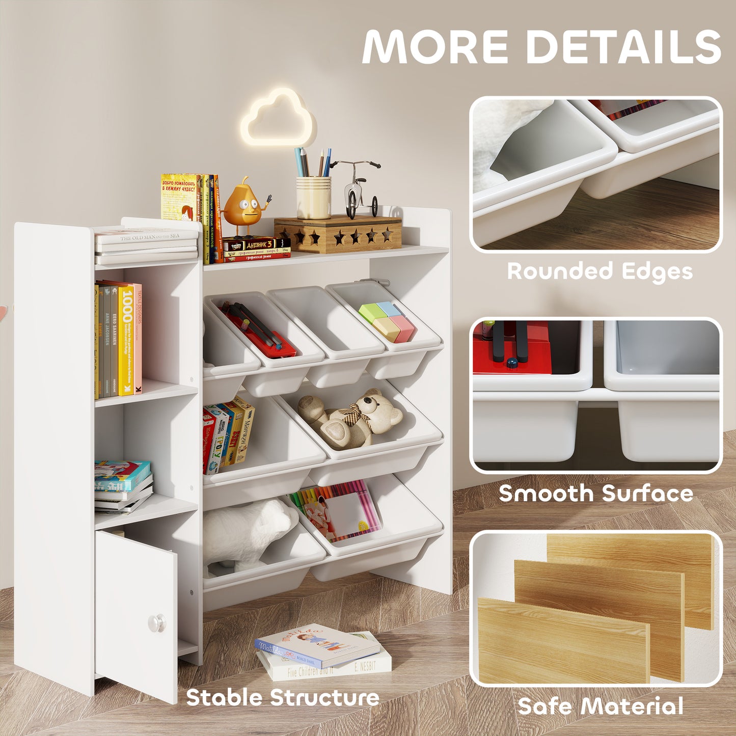 Toy Storage Unit with 8 Removable Bins, Storage Shelves, Cabinet