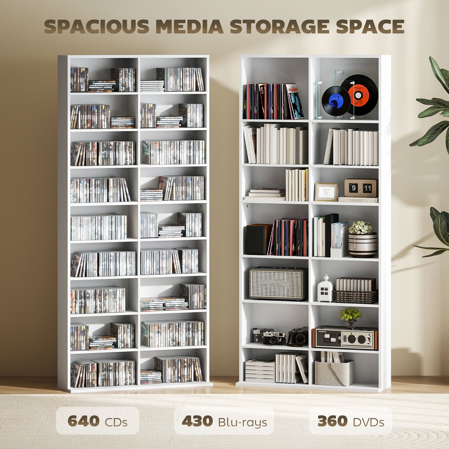 640 CD Storage Unit 360 DVD Storage Tower w/ 18 Compartments White