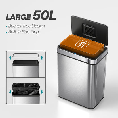 50 L Kitchen Bin with Fingerprint-Proof Stainless Steel, Silver Tone