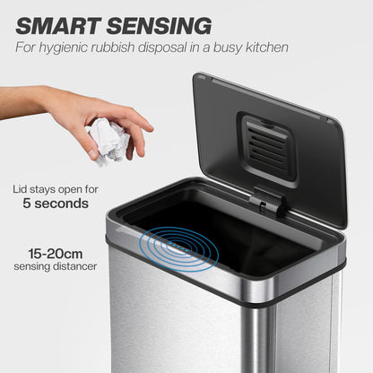 50 L Kitchen Bin with Fingerprint-Proof Stainless Steel, Silver Tone
