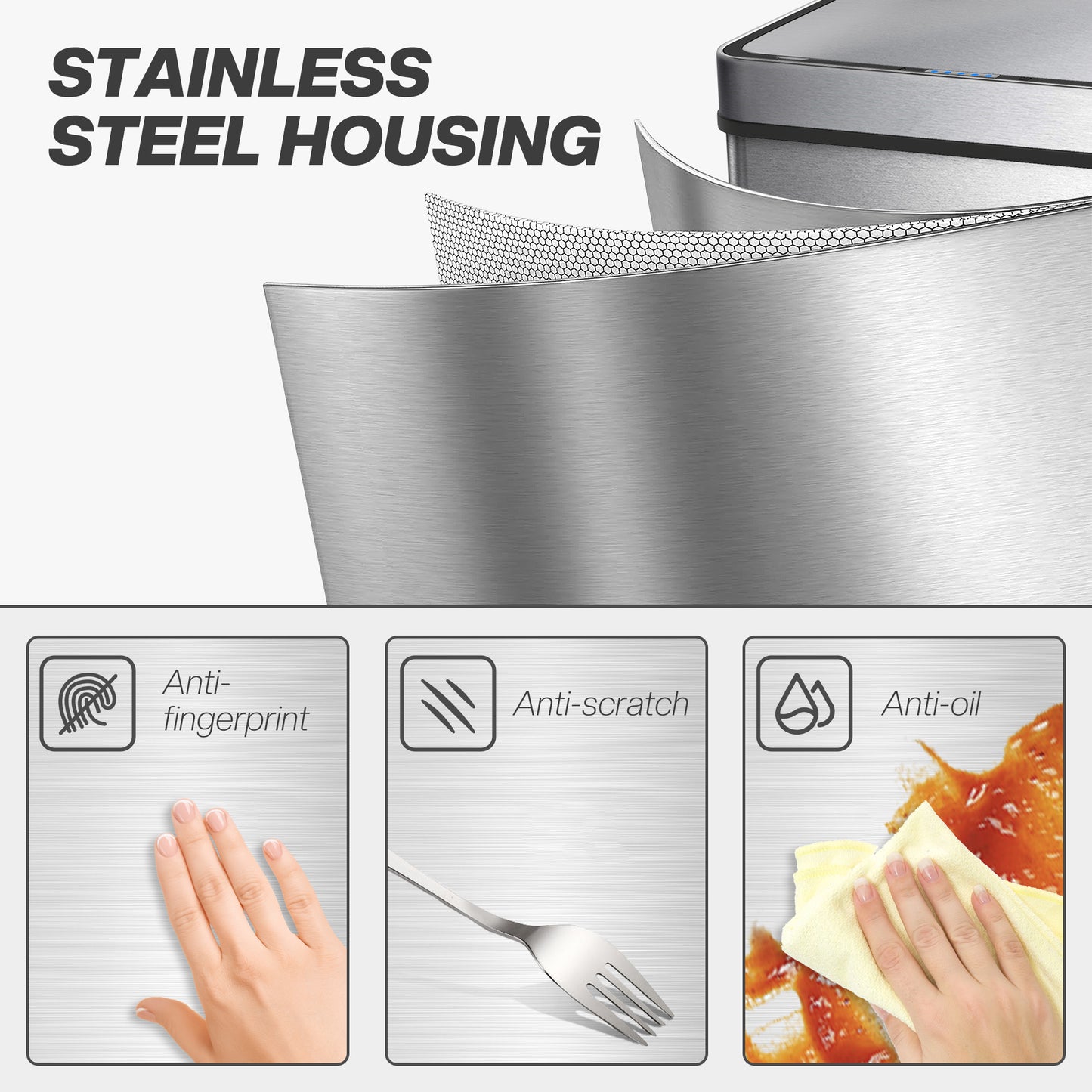 50 L Kitchen Bin with Fingerprint-Proof Stainless Steel, Silver Tone