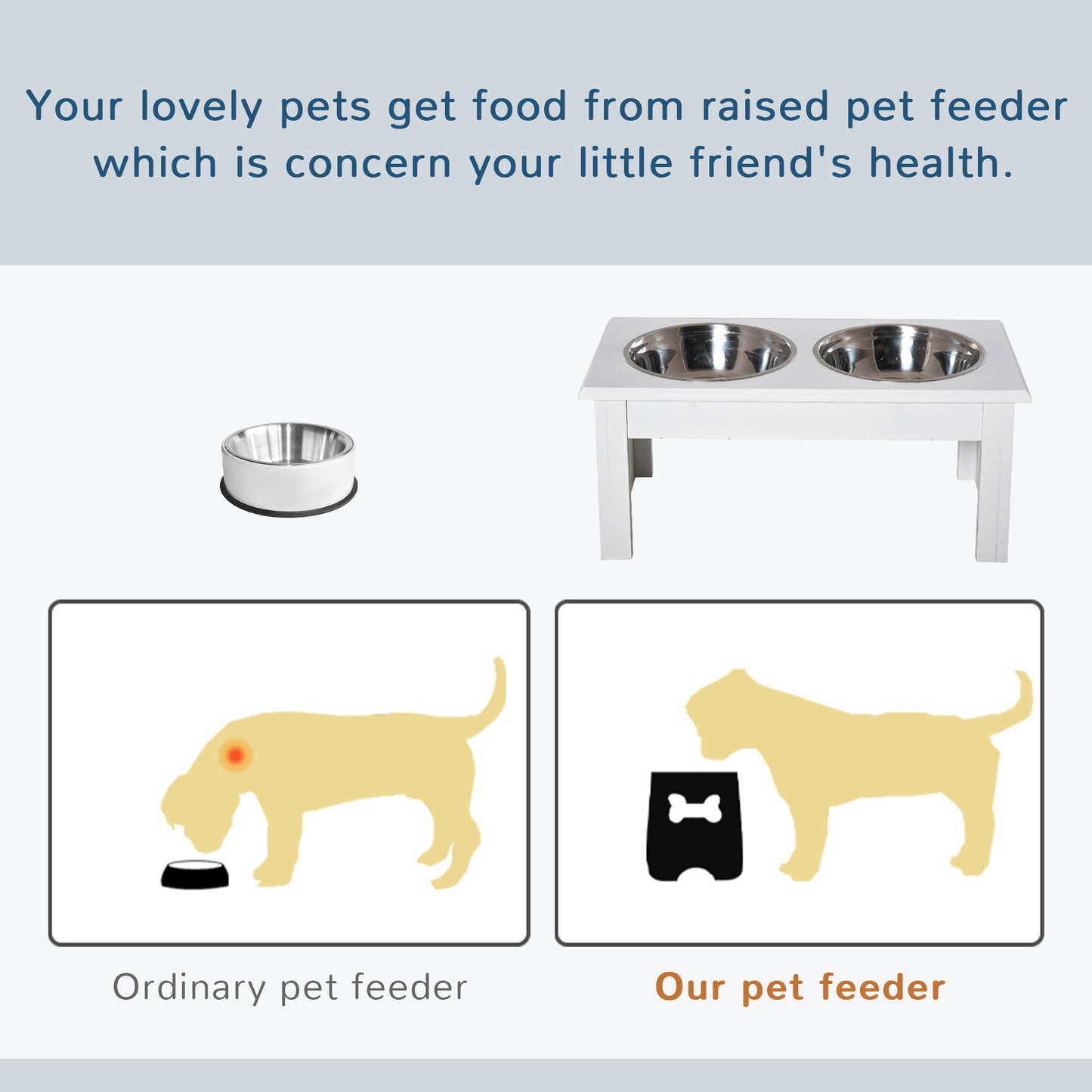Stainless Steel Raised Dog Feeding Bowls with Stand Elevated Twin Pet Bowls Water Food Feeder 43.7L x 24W x 15H cm - White