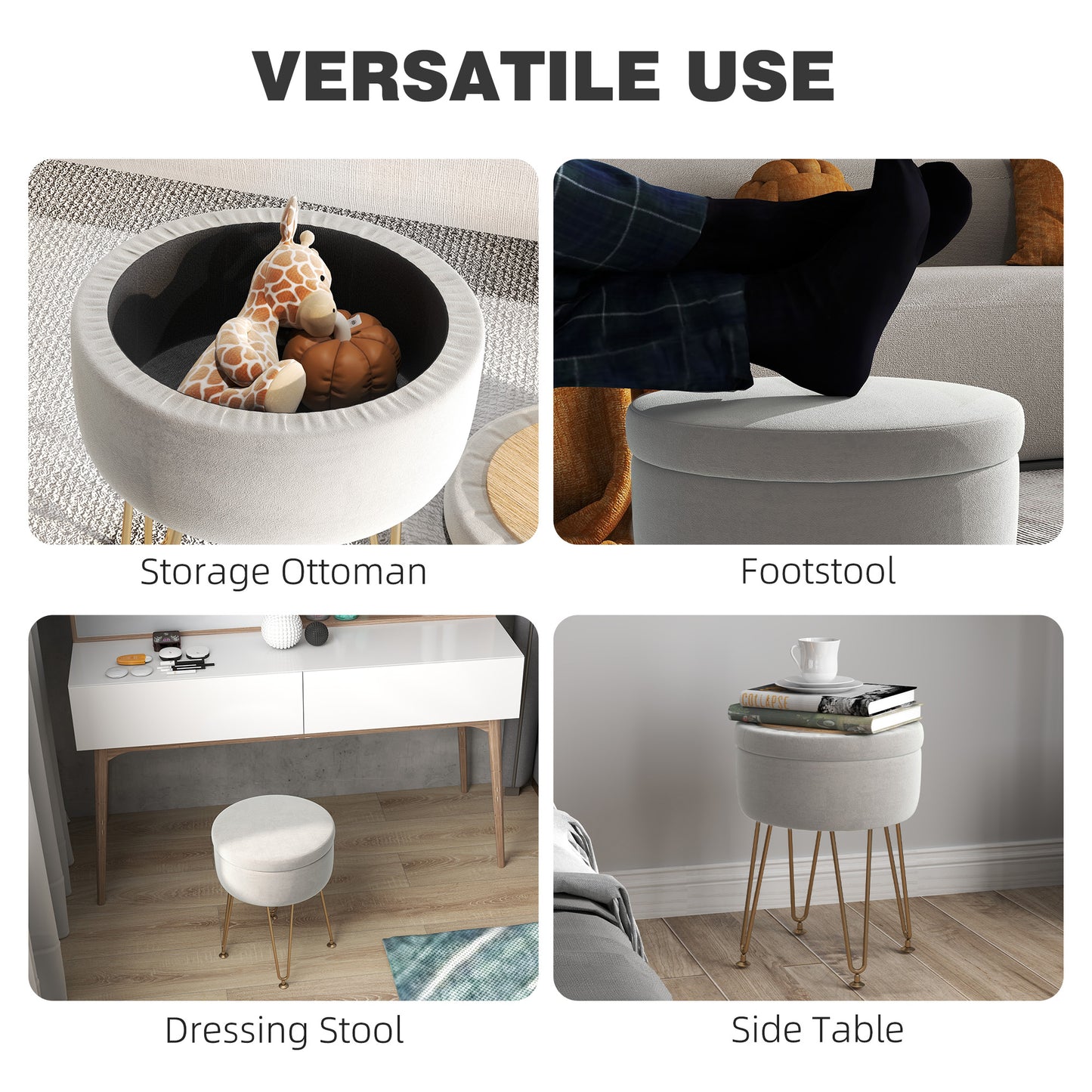 5L Velvet Footstool with Removable Lid for Bedroom, Cream White