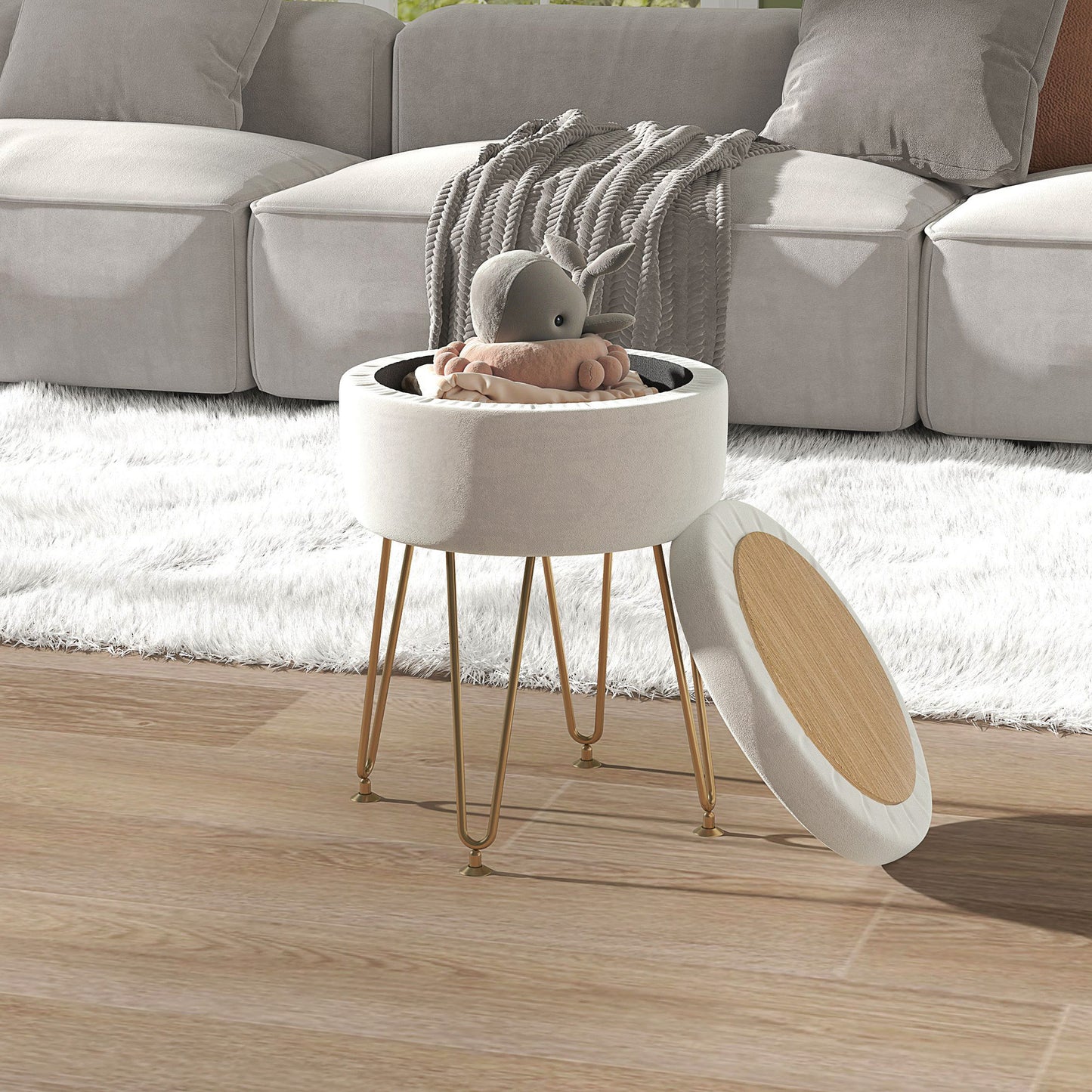 5L Velvet Footstool with Removable Lid for Bedroom, Cream White
