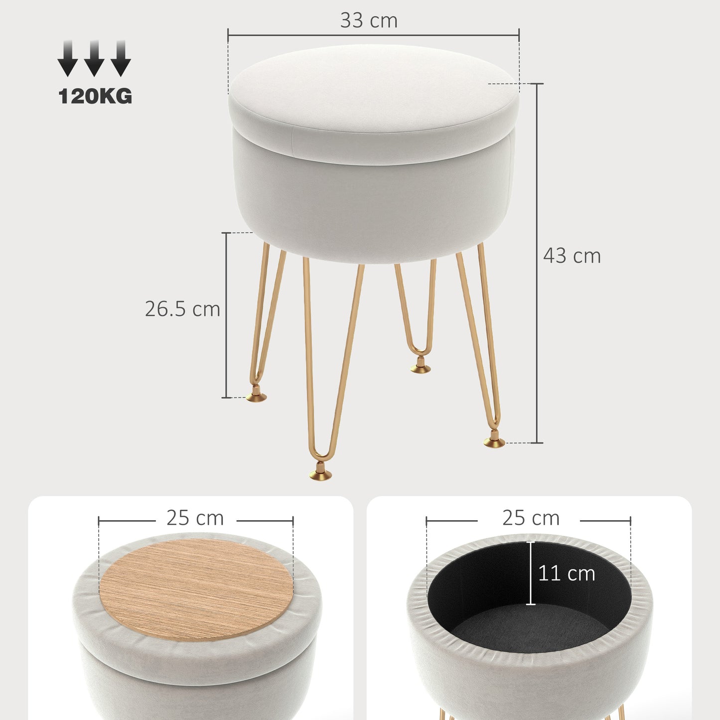 5L Velvet Footstool with Removable Lid for Bedroom, Cream White