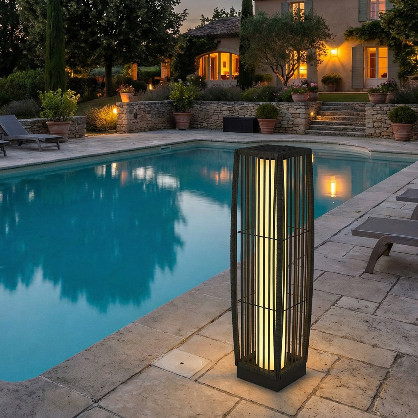 Solar Rattan Floor Lamp Auto On/Off Garden Lantern, Dark Grey