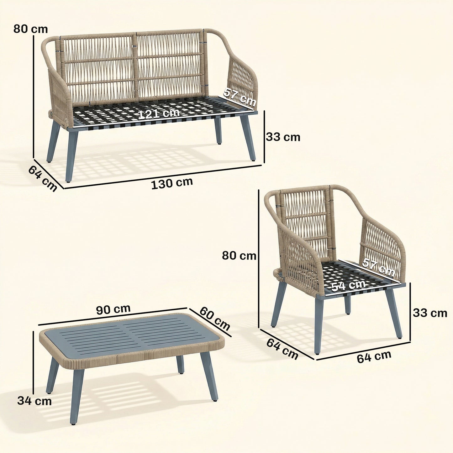 4 Piece Rattan Garden Furniture Set w/ Thick Cushions, Grey