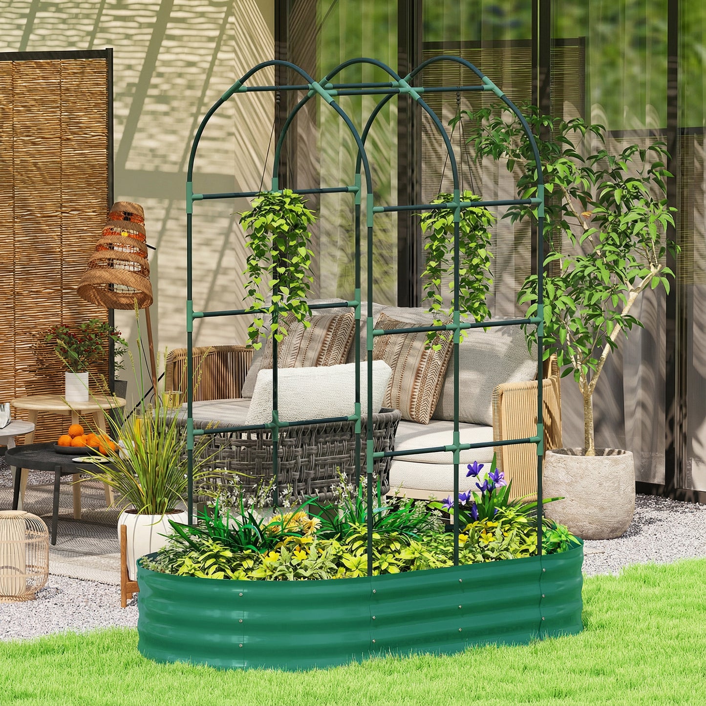 5 x 3 x 6ft Galvanised Raised Garden Bed with Trellis, Green