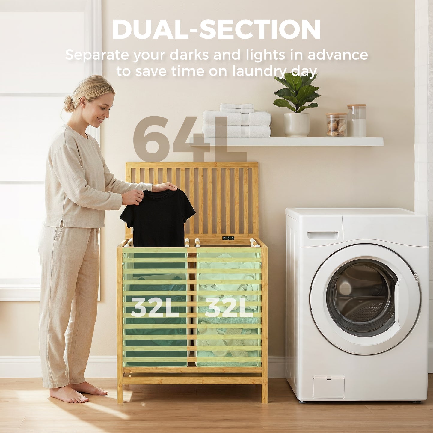 Bamboo Laundry Basket with Lid, 2 Baskets, Foldable, Natural