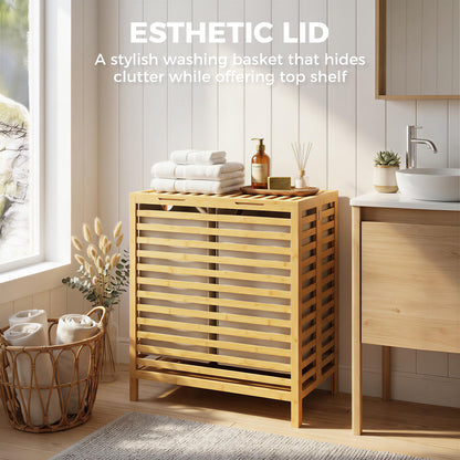 Bamboo Laundry Basket with Lid, 2 Baskets, Foldable, Natural