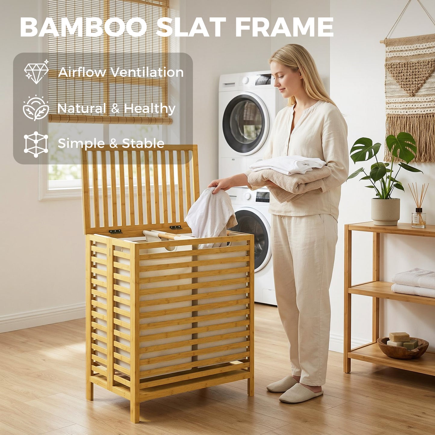 Bamboo Laundry Basket with Lid, 2 Baskets, Foldable, Natural