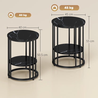 Marble-Effect Round Coffee Table Set of 2 for Living Room, Black