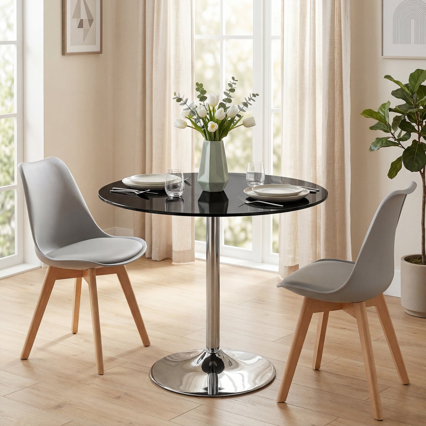 Round Bar Table, Dining Table with Tempered Glass Top and Steel Frame