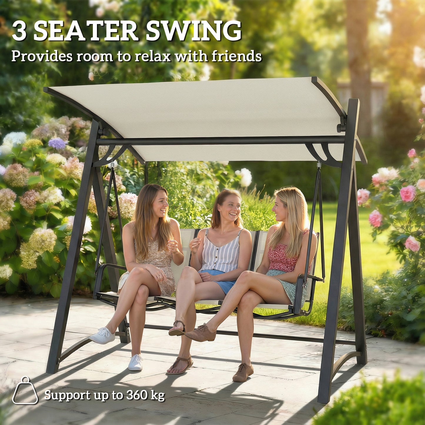 3 Seater Swing Chair, Garden Swing Bench with Adjustable Canopy