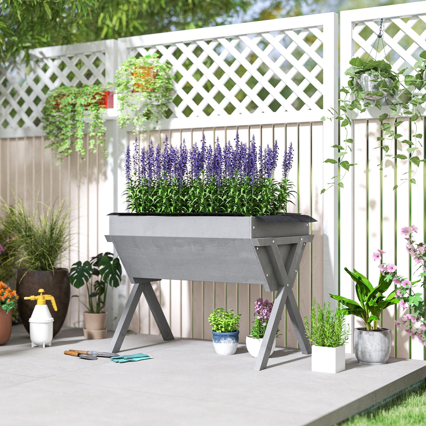 Wooden Planter Raised Bed Stand Vegetable Flower Bed, Light Grey