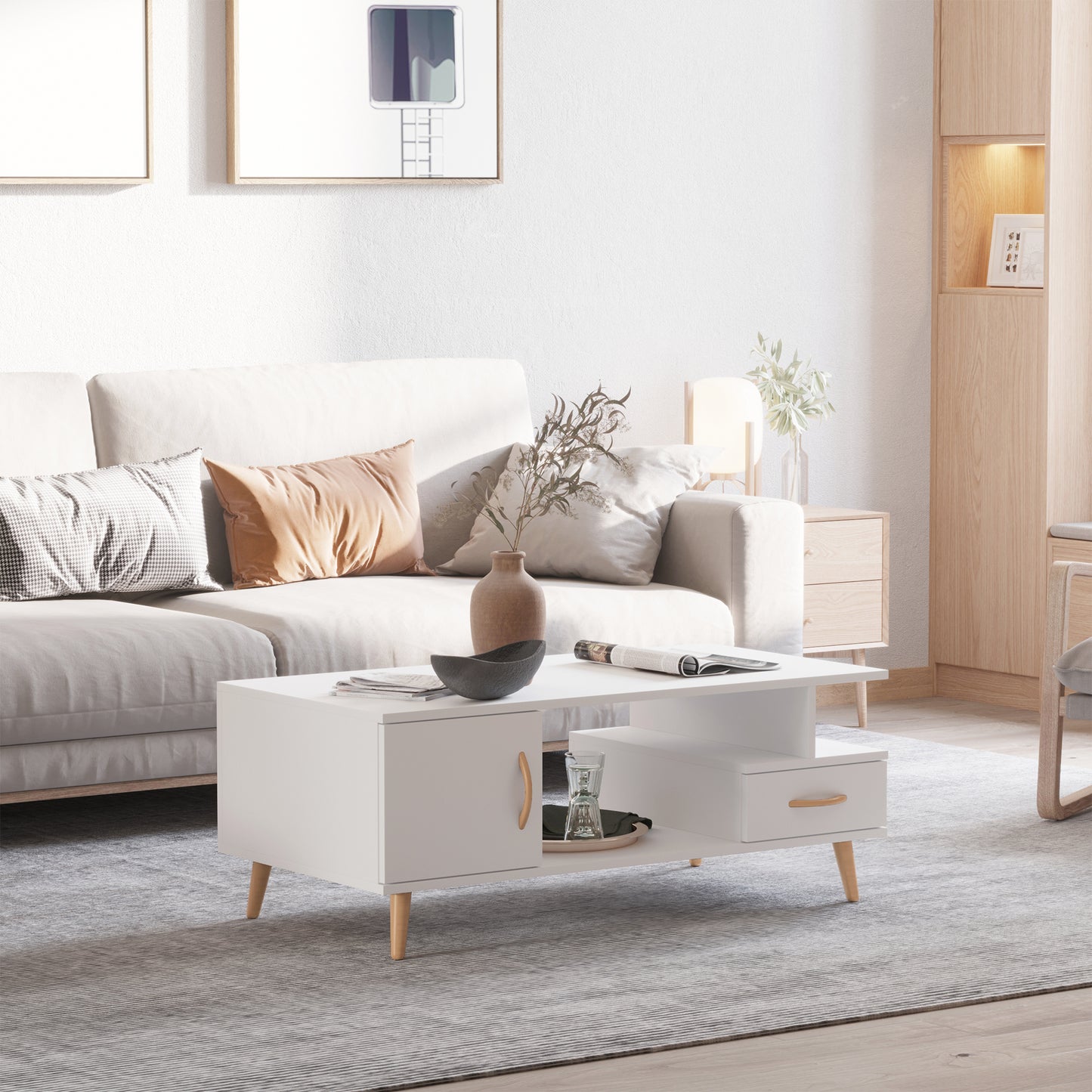 Modern Minimalism Storage Coffee Table Wooden Living Room w/ Drawer