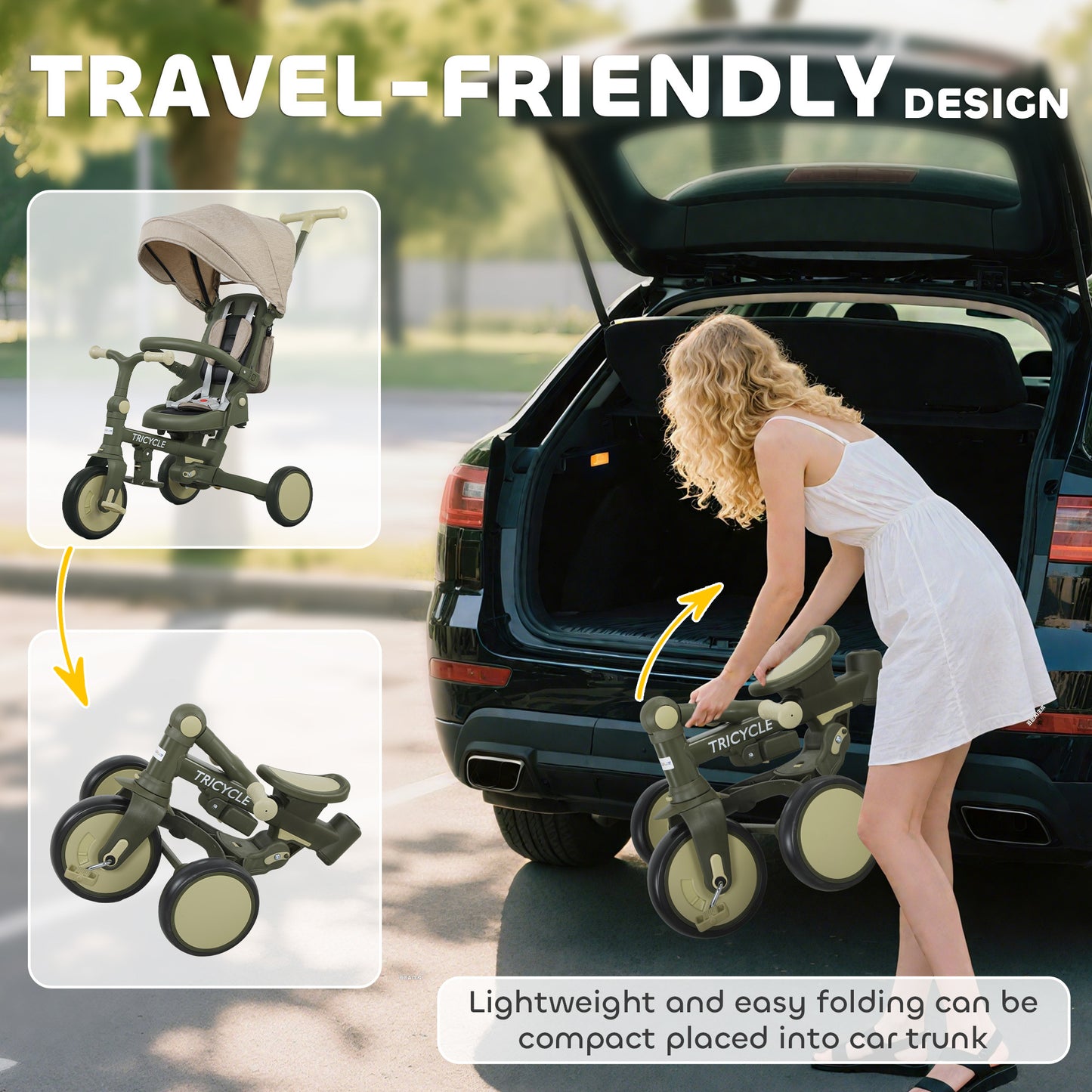 5 in 1 Foldable Kids Trike, Toddler Tricycle for 1-3 Years, Dark Green