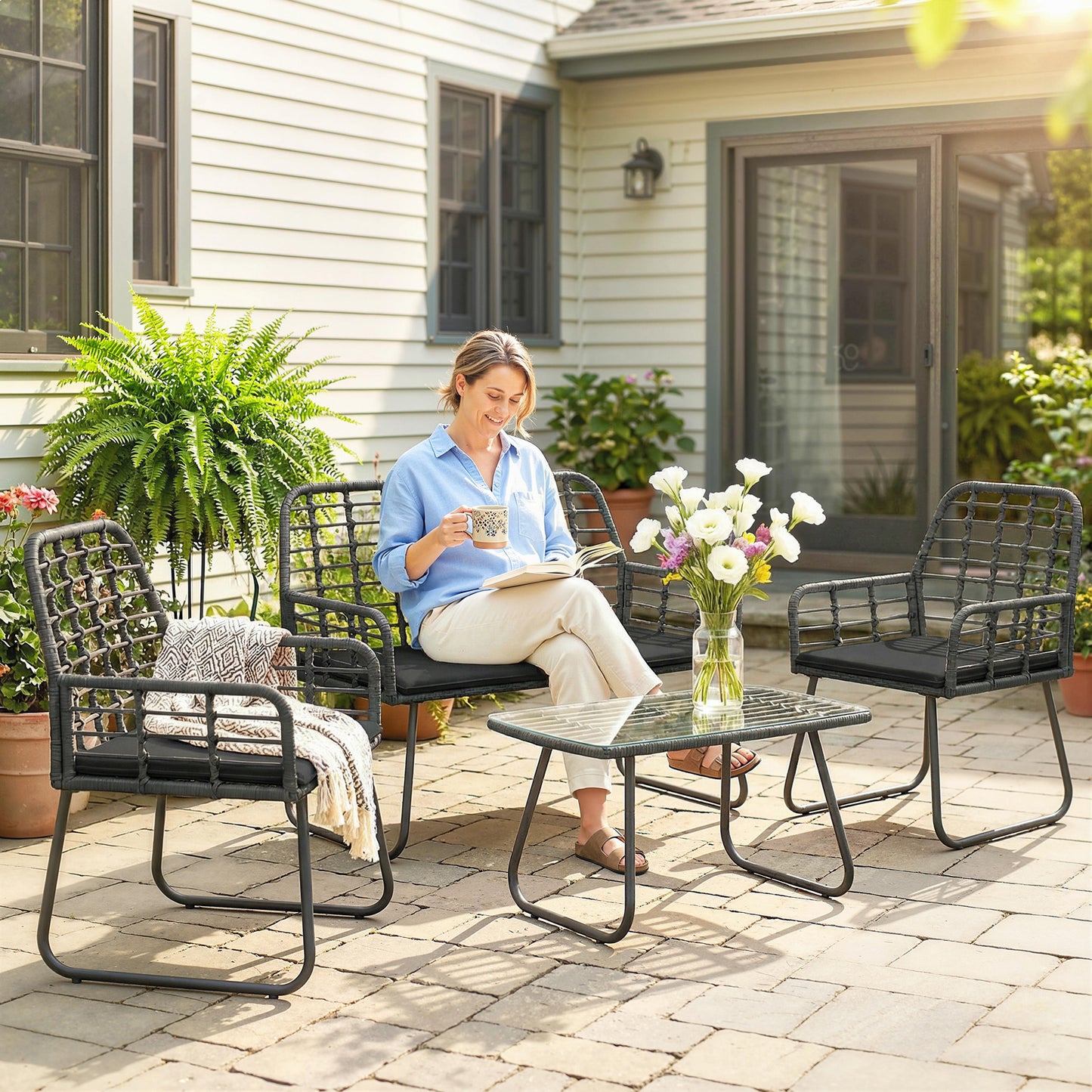 Rattan Garden Furniture Set, 4 Piece Outdoor Patio Furniture