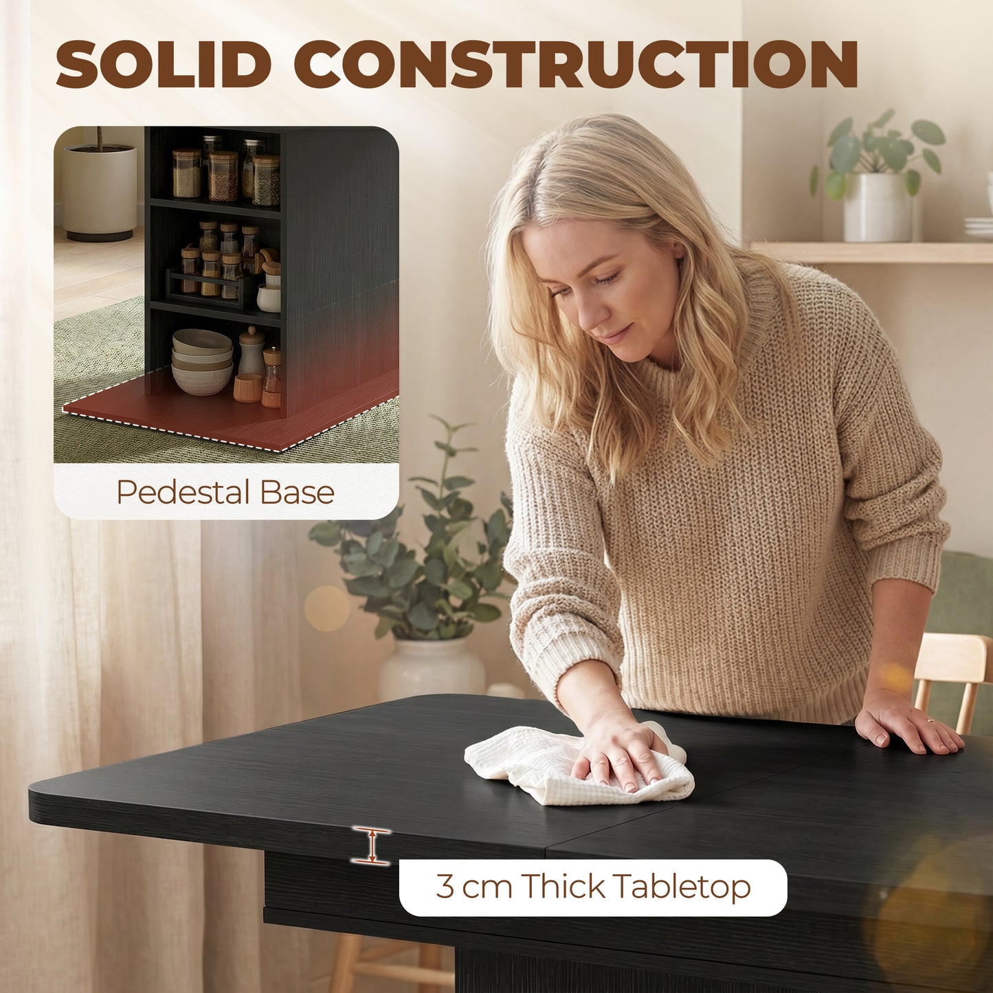 Extendable Dining Table for 4-6 People, 110-130cm Kitchen Table with 6 Open Shelves, Storage Compartment for Home, Living Room, Small Spaces, Black