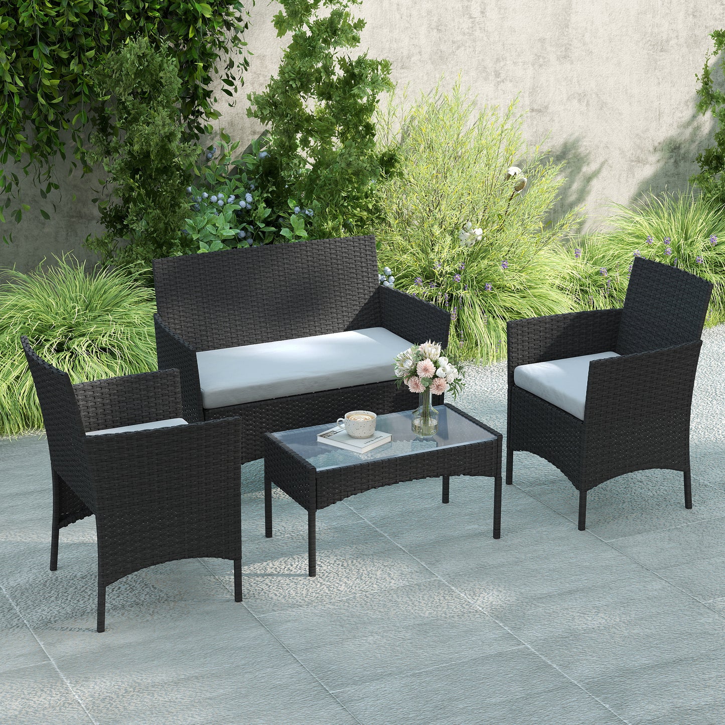4 Piece Rattan Garden Furniture Sofa Set with Cushions, Black