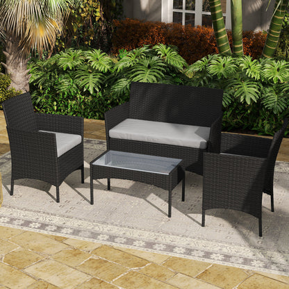 4 Piece Rattan Garden Furniture Sofa Set with Cushions, Black