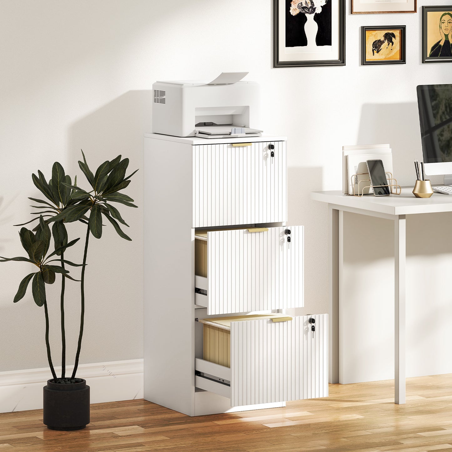 Filing Cabinet, File Cabinet with 3 Lockable Drawers and Hanging Rails