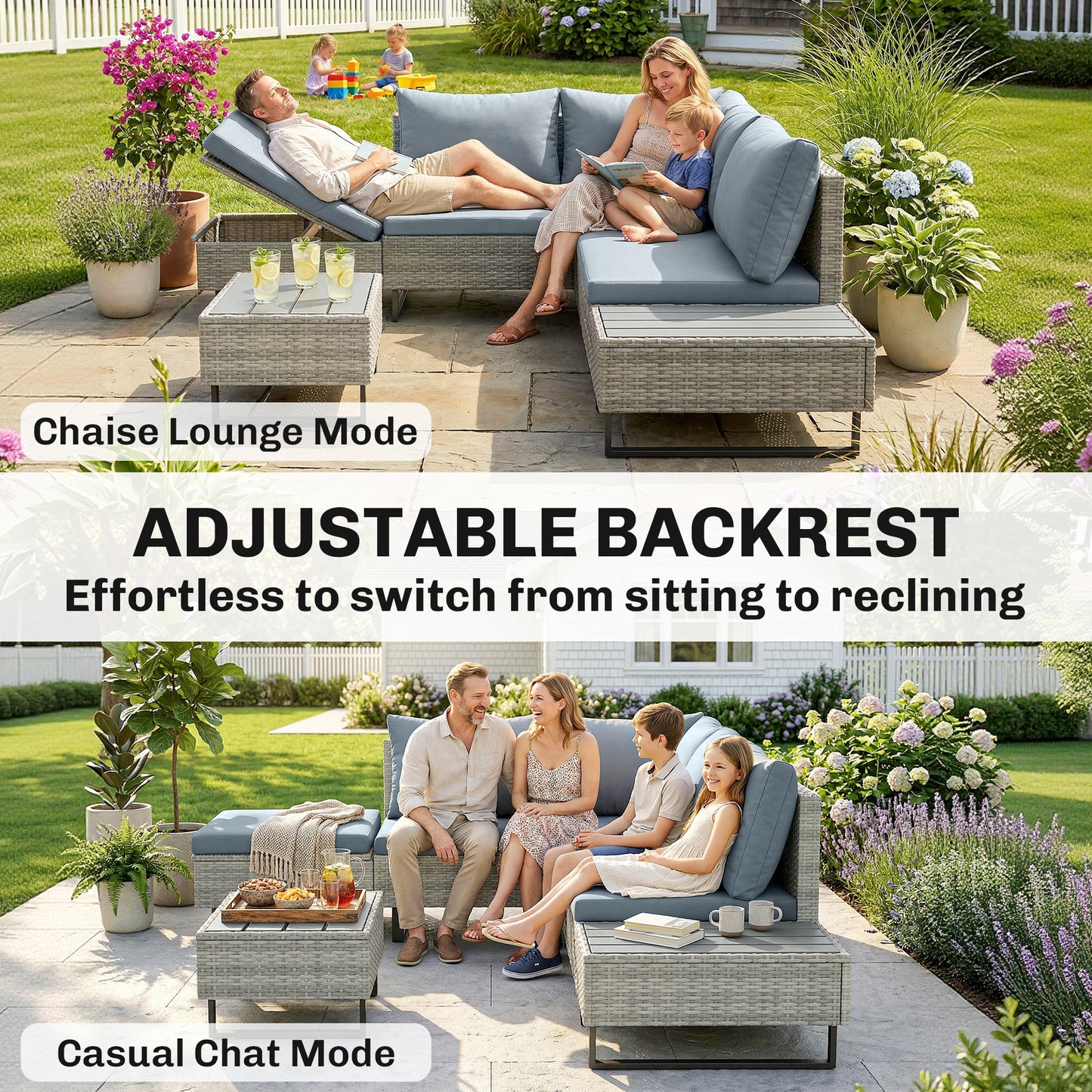 5 Seater Rattan Garden Furniture Set, Adjustable Back Corner Sofa Outdoor Lounge Set, Loveseat, Faux Wood Table, Cushions, L Shaped Patio Furniture Conversation Sets, Metal Frame, Grey
