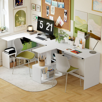 L-Shaped Corner Desk with Keyboard Tray, Computer Desk for Home Office with 4 Open Shelves, Space-Saving Study Workstation, 120 x 100 x 76 cm, White Wood Effect