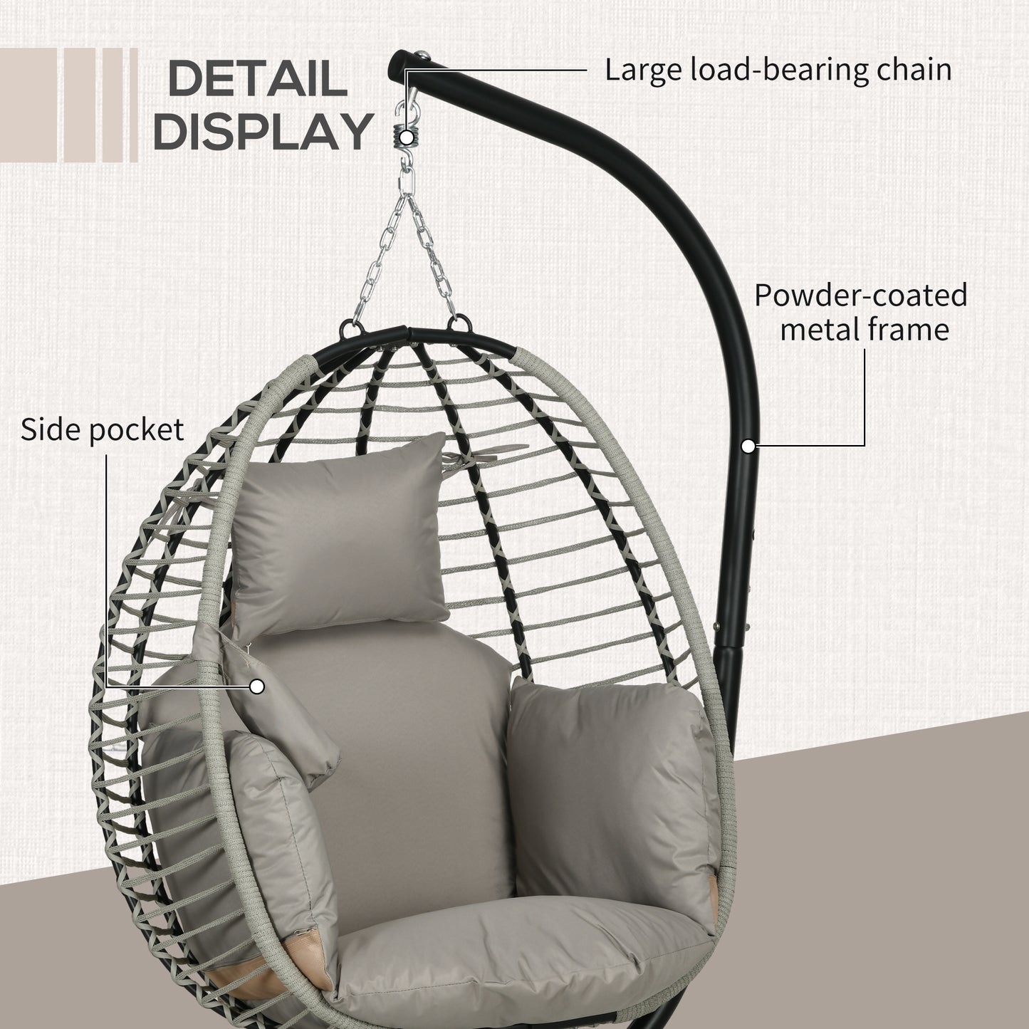 Outdoor Swing Chair with Thick Padded Cushion, Patio Hanging Chair w/ Metal Stand, Foldable Basket, Cup Holder, Rope Structure
