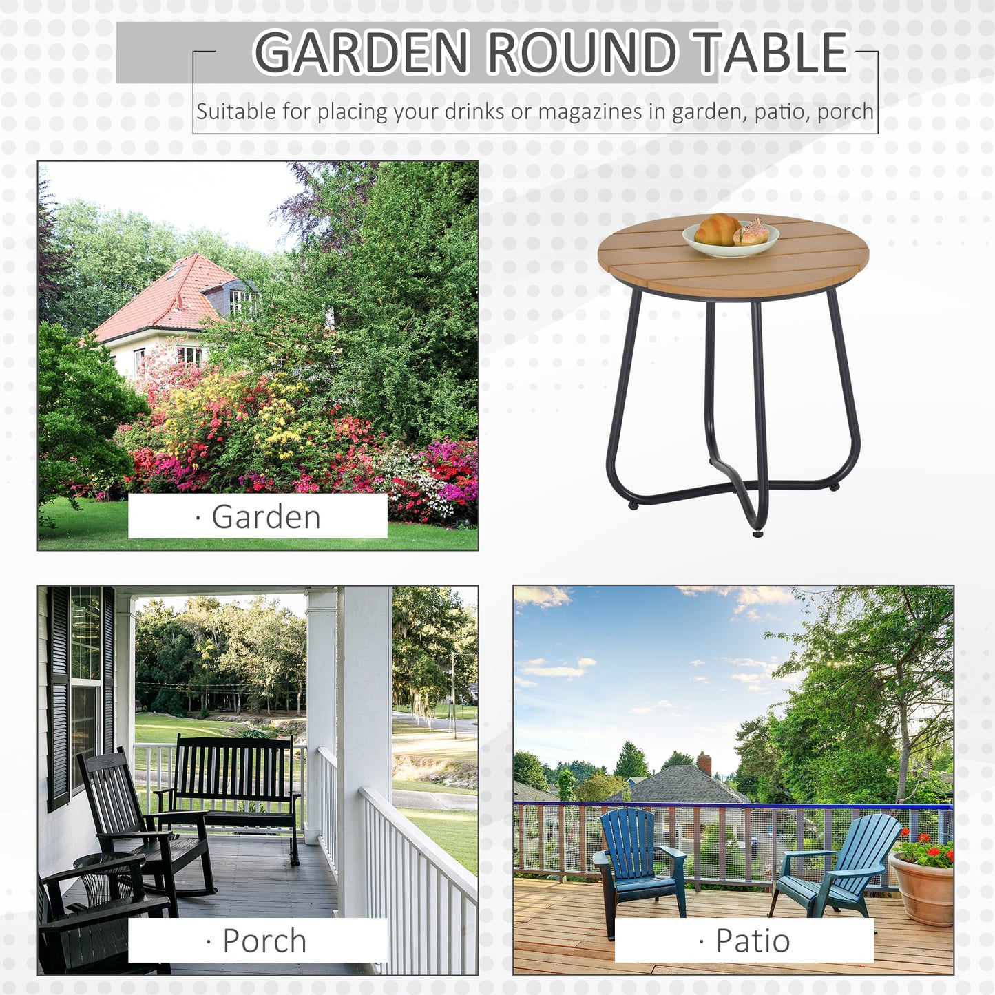 Round Outdoor Side Table Adjustable Leg Pads Natural Wood & Black