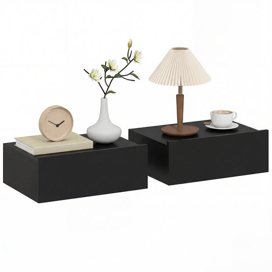 Floating Bedside Table Set of 2, Wall-Mounted Nightstand with Storage Drawer, Small Side End Table for Bedroom, Black