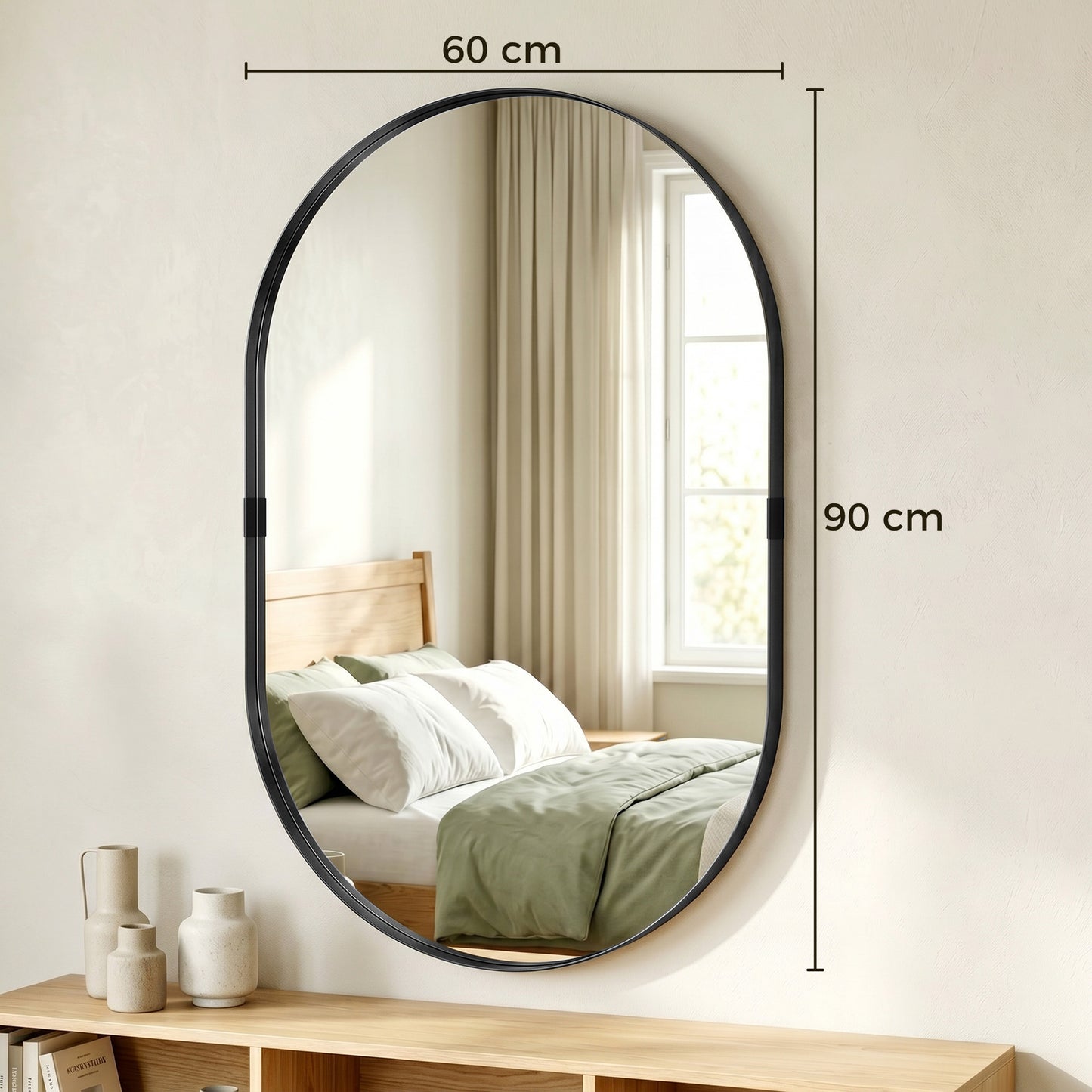 Wall Mirror with Elevated Aluminium Alloy Frame, 60 x 90 cm Bathroom Mirror with Tempered Glass for Living Room, Bedroom, Hallway, Black