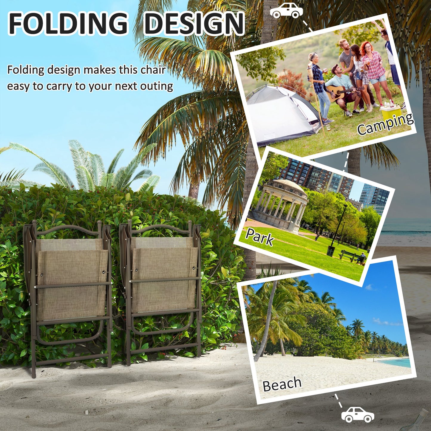 Folding Chairs Set, Breathable Mesh Fabric Seat, Mixed Brown