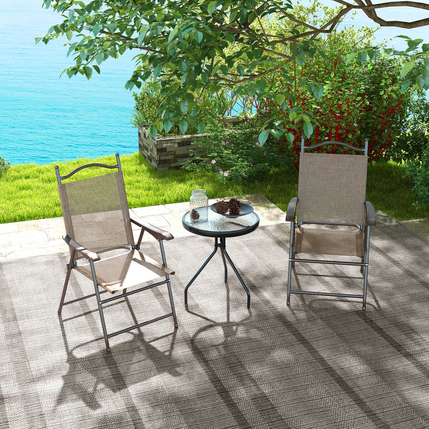 Folding Chairs Set, Breathable Mesh Fabric Seat, Mixed Brown