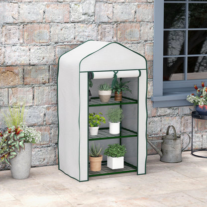 Portable Mini Greenhouse with Roll-up Door and Wire Shelves, White
