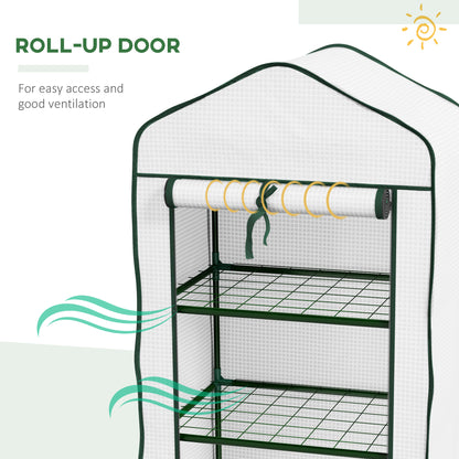 Portable Mini Greenhouse with Roll-up Door and Wire Shelves, White
