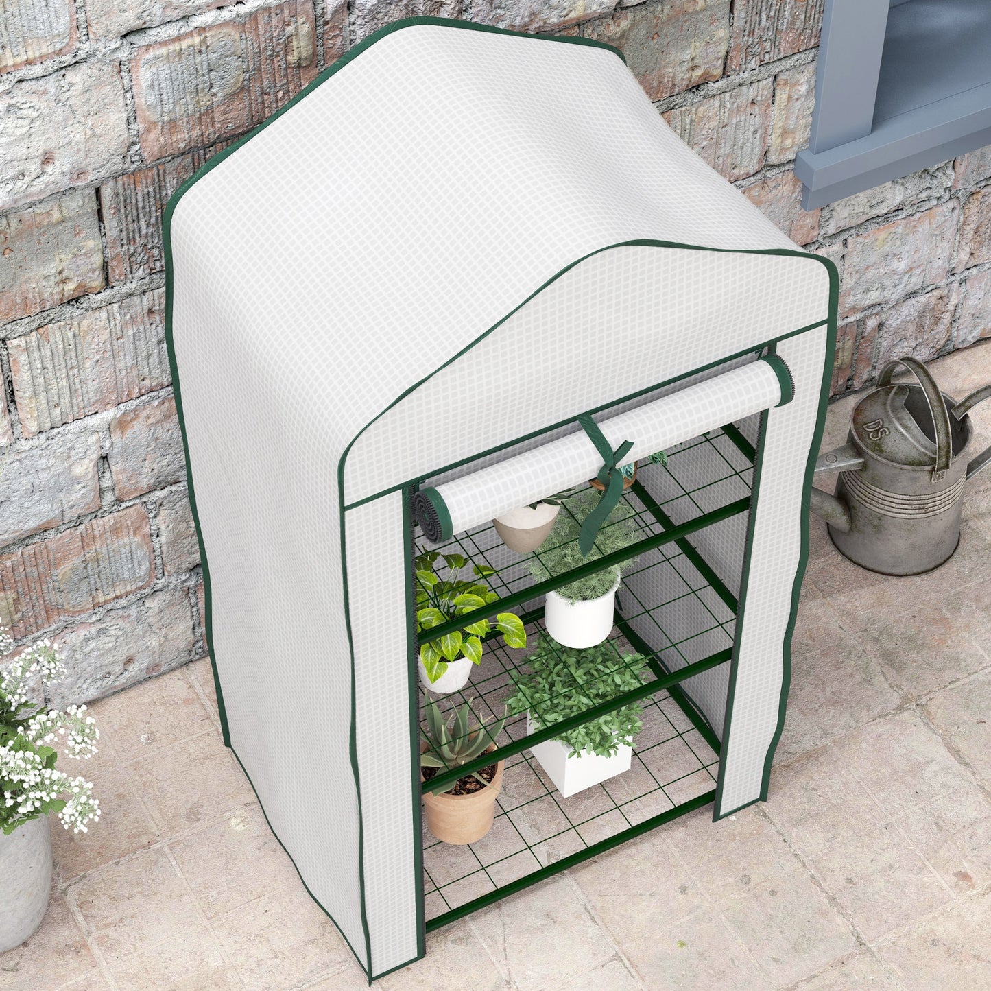 Portable Mini Greenhouse with Roll-up Door and Wire Shelves, White