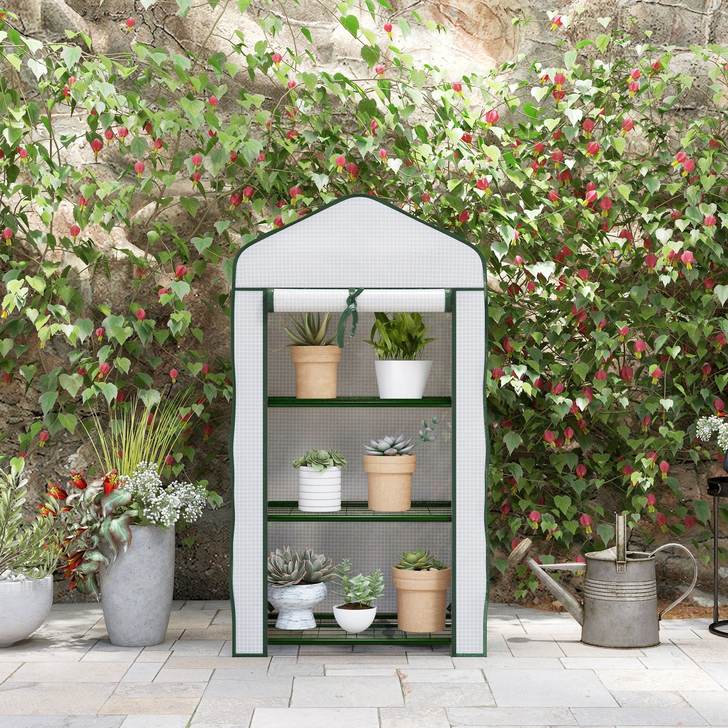 Portable Mini Greenhouse with Roll-up Door and Wire Shelves, White