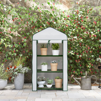 Portable Mini Greenhouse with Roll-up Door and Wire Shelves, White
