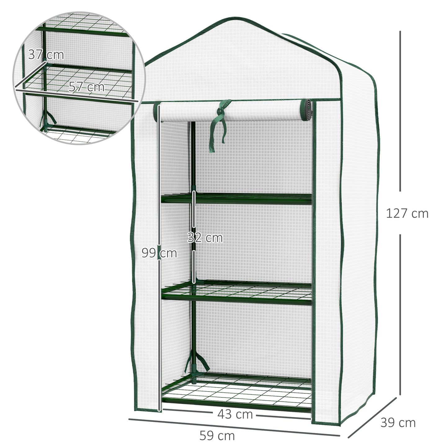 Portable Mini Greenhouse with Roll-up Door and Wire Shelves, White