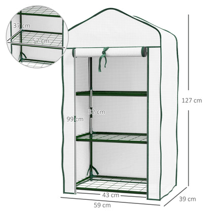 Portable Mini Greenhouse with Roll-up Door and Wire Shelves, White