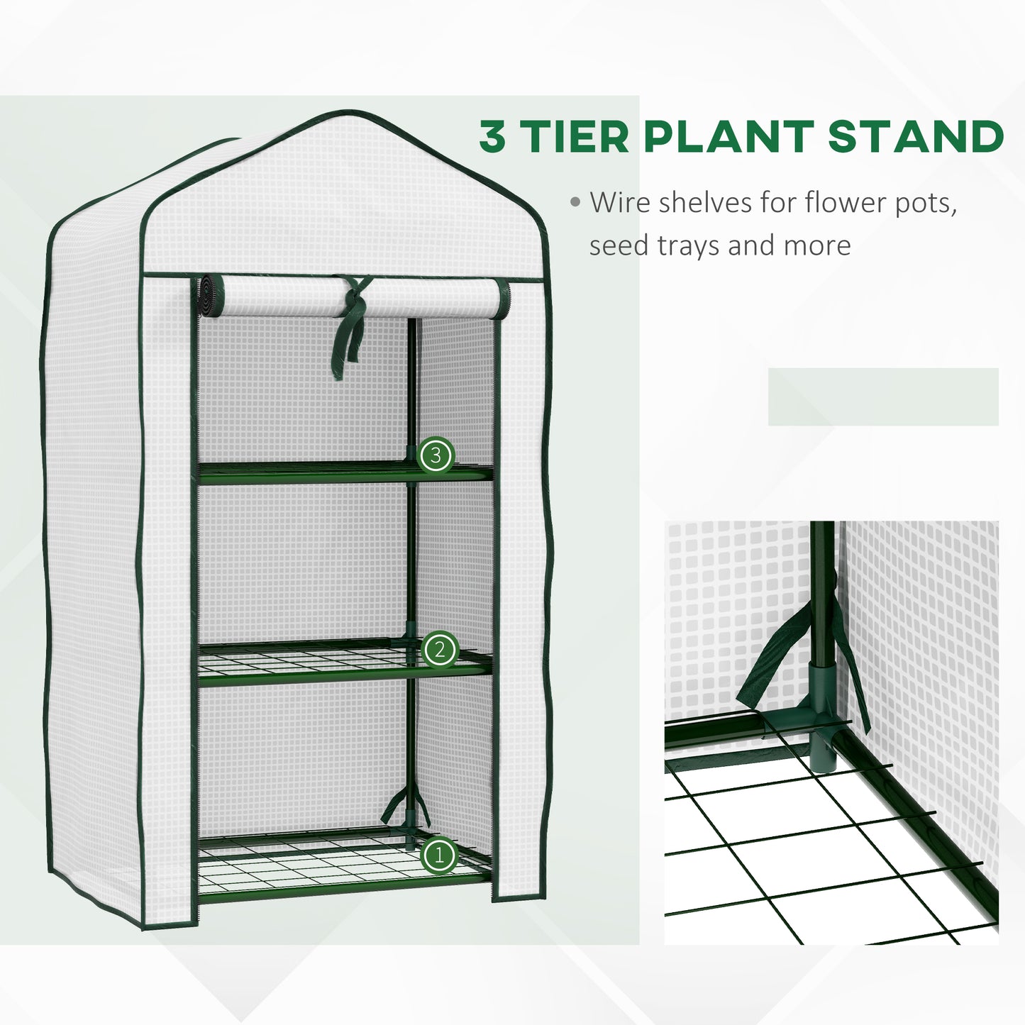 Portable Mini Greenhouse with Roll-up Door and Wire Shelves, White