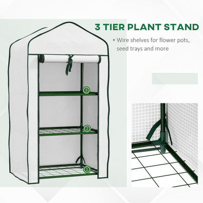 Portable Mini Greenhouse with Roll-up Door and Wire Shelves, White