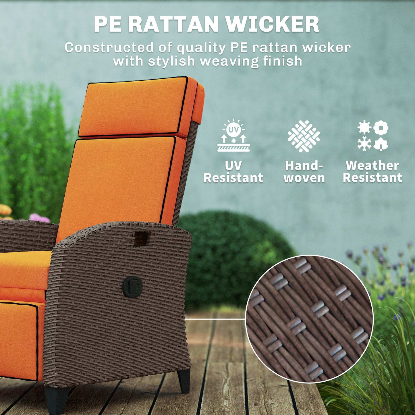 Garden Recliner with Cushion, Rattan Recliner Chair with Armrests