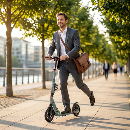 Foldable Kick Scooter with Height Adjustable Handlebar, One-click Folding Adult Scooters with 200 mm Big Wheels, Shock Absorption, ABEC-7 Bearings, Dual Brake System, Aluminium Frame, Silver Tone