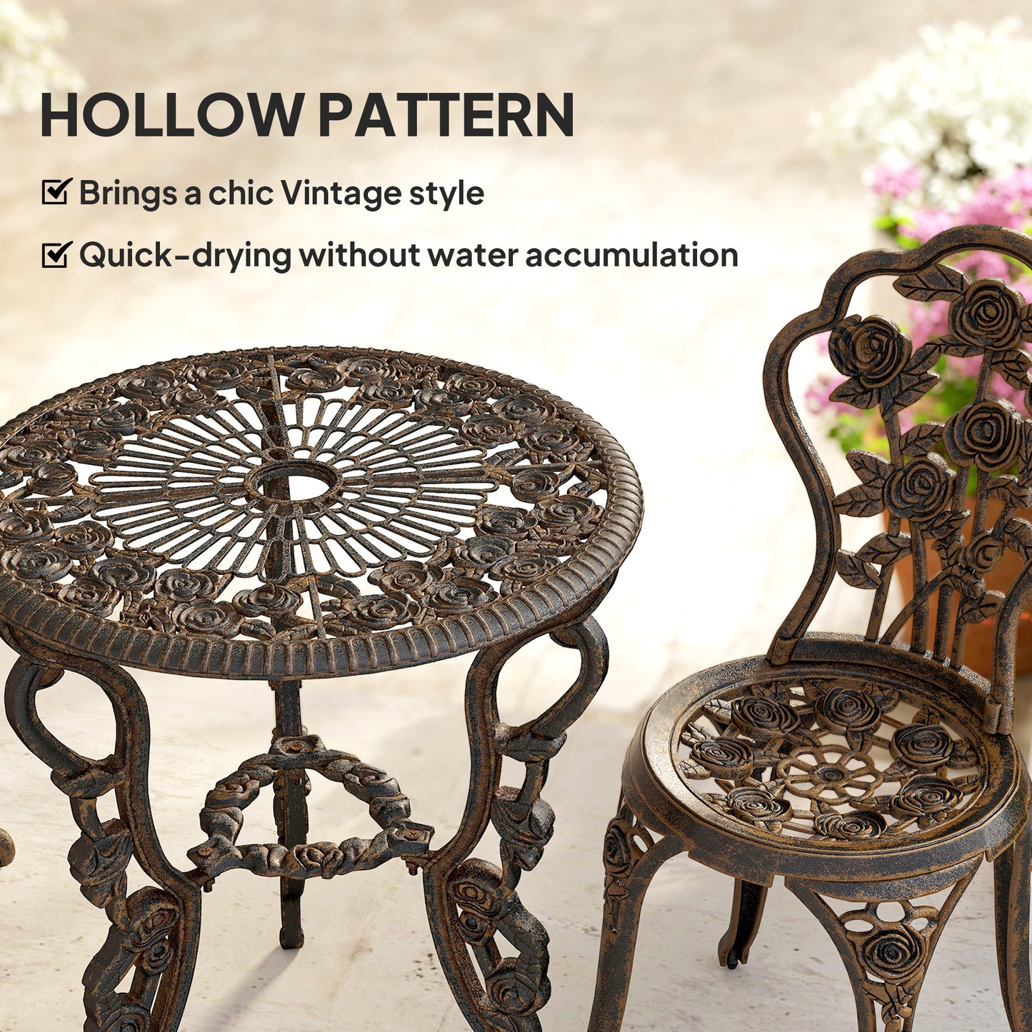 Outdoor Bistro Set with Umbrella Hole Rose Design Metallic