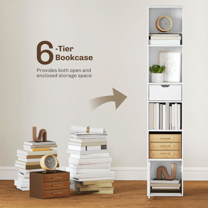 Narrow Bookshelf with Drawer, Tall Bookcase for Living Room, White