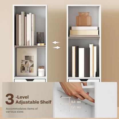 Narrow Bookshelf with Drawer, Tall Bookcase for Living Room, White